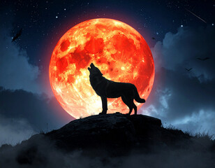 Wolf Howling at Full Blood Moon on Rocky Hilltop