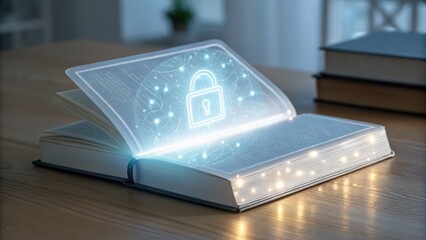 An illuminated, open book with a digital padlock graphic symbolizes secure information and knowledge in a modern, tech-inspired environment.