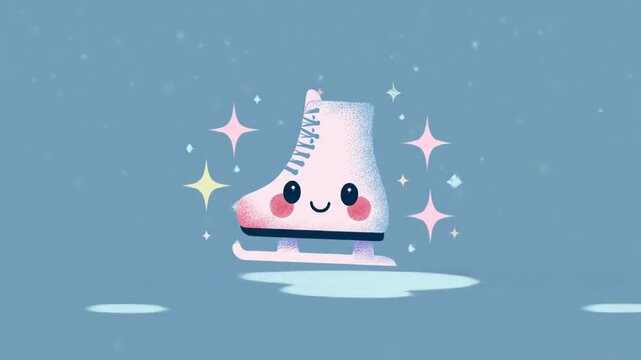 Cartoon ice skate illustration on blue background with sparkles