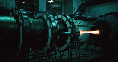 A remarkable display of engineering takes place as a turbine engine ignites, producing a vibrant flame in a cutting edge laboratory. The intricate machinery reveals the power of modern technology. © icetray