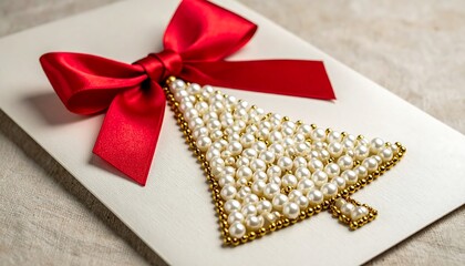 Handcrafted Christmas card with pearl bead tree, gold outline, red bow, on textured beige surface.
