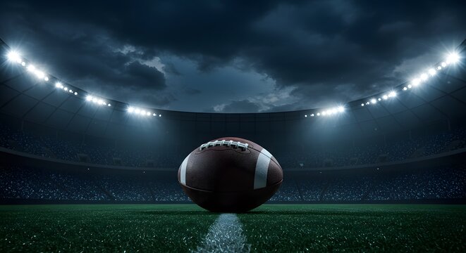 American Football in Stadium: Dramatic View of Ball on Turf Field Under Bright Lights and Cloudy Sky
