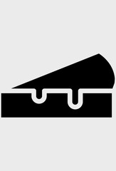 Solid black slice of pie or cheesecake with sauce. Minimalist icon of dessert with dripping glaze. Stylized shape of a cake slice with topping.