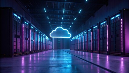 A futuristic data center illuminated with neon lights and featuring a glowing cloud symbol, representing cloud computing technology.