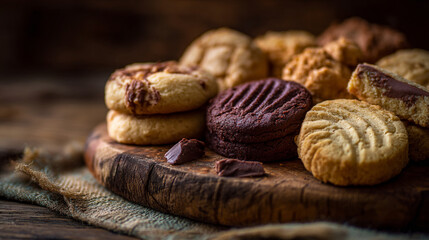 Obraz premium A close up of assorted cookies on a wooden board with a dark brown background and burlap underneath