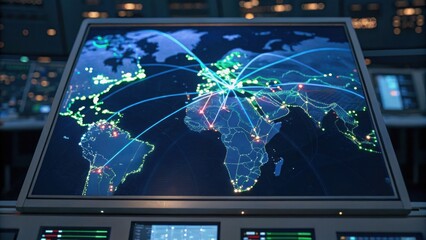 A high-tech screen displaying a global map with interconnected lines and nodes, representing data flow and network connections across continents.