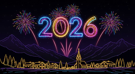Neon Line Art Village with 2026 Fireworks and Mountains at Night, Vibrant New Year 2026 Celebration in a Mountain Town Sketch, festive, minimalist, and modern holiday scene, perfect for greeting card