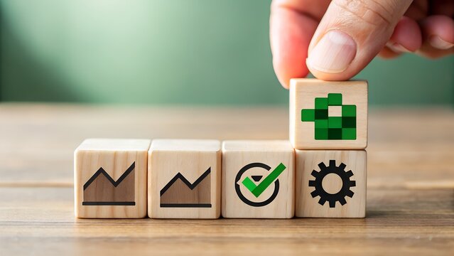 Hand placing a green pixelated cube on a stack of wooden blocks with business and process icons, signifying digital transformation