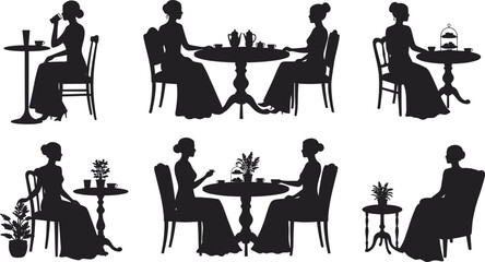 Elegant silhouettes of women at tables with tea, plants, and desserts, ideal for vintage, lifestyle, social gathering, and vector design themes