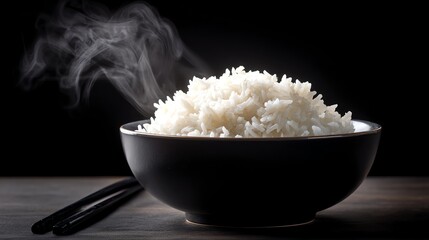 A simple bowl of plain white rice resting on a dark table, showcasing its texture and simplicity in a minimalist setting.