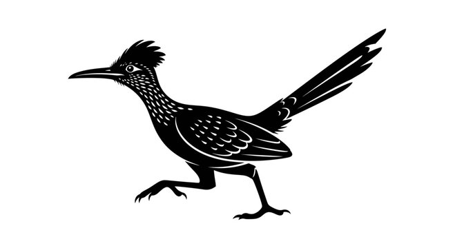 Striking monochrome illustration of a roadrunner in motion capturing its distinctive silhouette