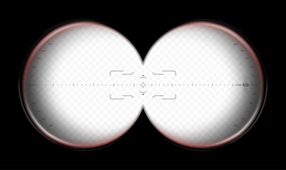 Binoculars sight view. POV lens frame with crosshair for spy, military, or hunting optics. Transparent vector overlay	
