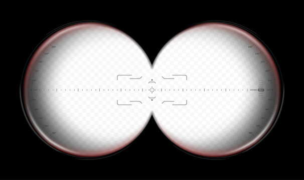 Binoculars sight view. POV lens frame with crosshair for spy, military, or hunting optics. Transparent vector overlay	
