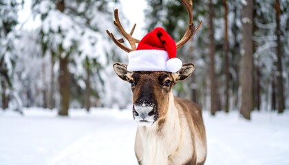 Reindeer in Santa hat standing in snowy forest, festive wildlife Christmas scene.