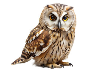 Obraz premium A beautiful shorteared owl isolated on transparent background, looking directly at the camera with big eyes