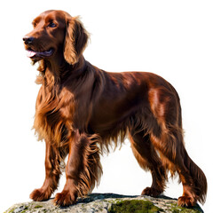 Elegant Irish Setter portrait, majestic dog with flowing red coat standing proudly on a mossy rock, perfect for pet lovers and outdoor enthusiasts