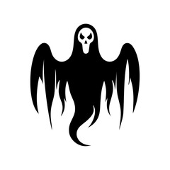 Creepy Ghost Silhouette with Skull Face on White Background. Dark ghostly figure with skull face in black silhouette. Perfect for Halloween, horror themes, tattoos, or spooky graphic designs.

