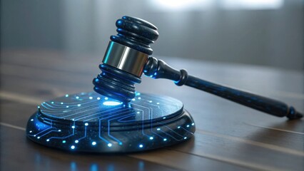A gavel rests on a digital circuit-themed base, symbolizing the intersection of law and technology.