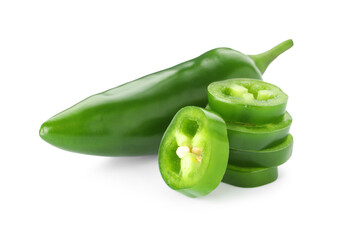 Whole and sliced green jalapeno peppers isolated on white