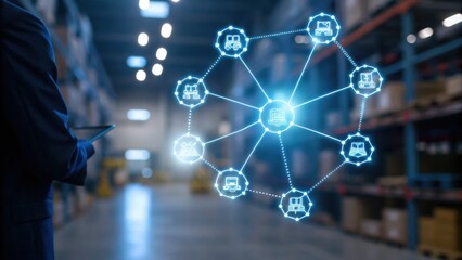 A professional examining a digital network in a warehouse, illustrating connectivity and technology in logistics management.