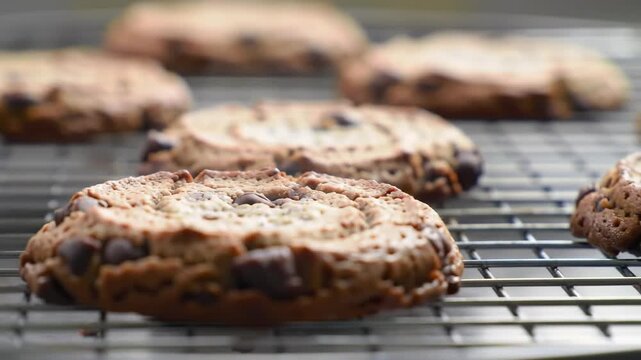 Freshly baked chocolate chip cookies cooling on wire rack closeup