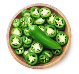 Jalapeno pepper slices and whole one in bowl isolated on white, top view