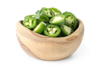 Jalapeno pepper slices in bowl isolated on white