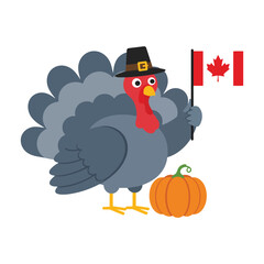 A cartoon turkey wearing a pilgrim hat and holding the Canadian flag next to a pumpkin.