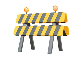 Reconstruction alert road blocks yellow black sign object icon isolated on transparent background. construction repair street protect fence safety caution transportation industry. 3d render 