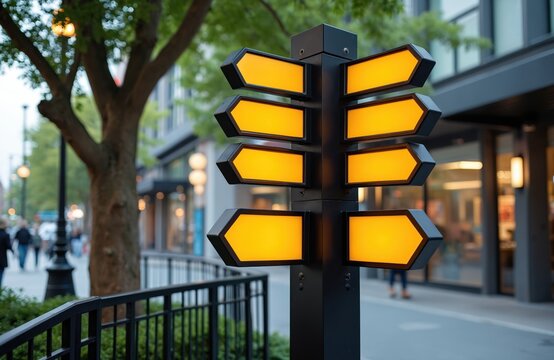 Street signpost with many empty orange arrows points in various directions. Busy city sidewalk with people and trees visible in background during daytime.