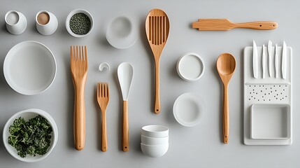 Collection of kitchen utensils and ingredients isolated on white background