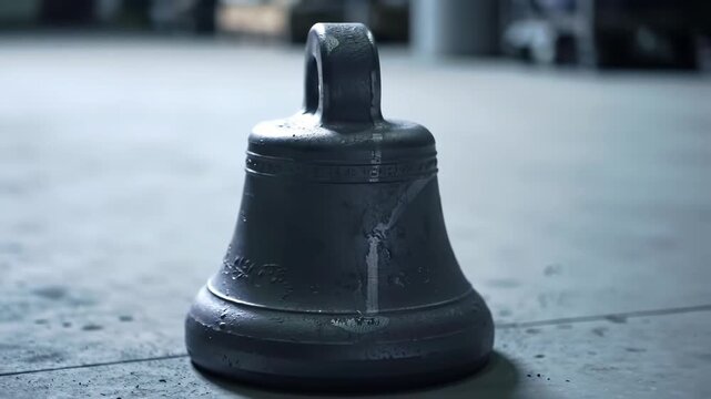 Close-up of metallic bell on floor with blurry background indoors.