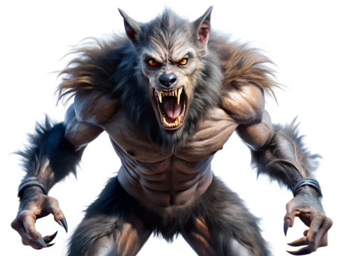 Fierce werewolf with sharp teeth and claws isolated on transparent background, ready to attack in the night
