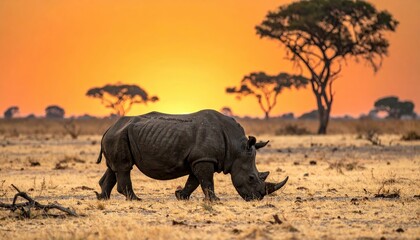Fototapeta premium A rhinoceros grazes in a vast savannah under a stunning sunset, surrounded by acacia trees, showcasing the beauty of wildlife and nature.