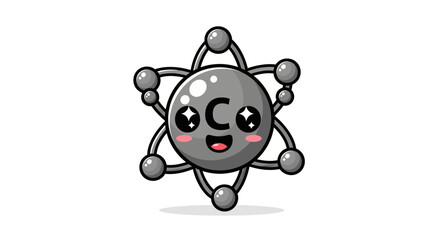 A charming kawaii carbon atom molecule illustration with a playful and endearing expression