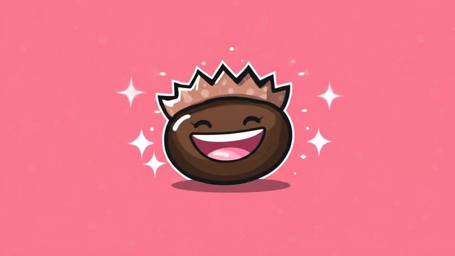 Smiling animated cartoon character with crown against a pink background