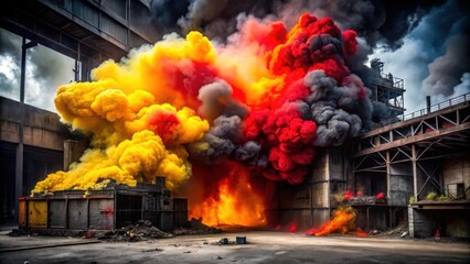 Dense billowing red and yellow smoke rises from a dark industrial site on a black background with crumbling concrete walls and twisted metal