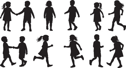 Silhouettes of children walking, running, and interacting in playful poses, ideal for education, childhood, friendship, and social behavior themed vector designs