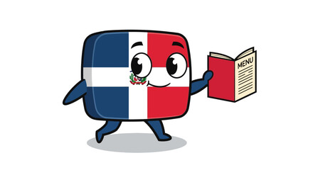 Cartoon flag of Dominican Republic with cheerful expression holding menu guide