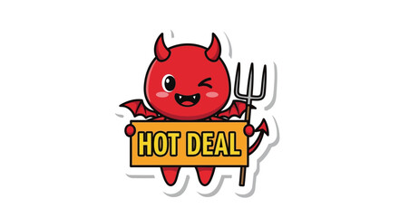 Cartoon demon presenting a sizzling hot deal with a mischievous wink and playful pitchfork