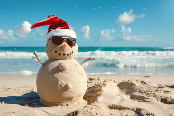  A sand snowman wearing a Santa hat and a red scarf, standing on the beach under a bright, sunny sky with gentle waves in the background.