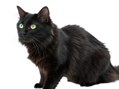 Elegant black cat with green eyes isolated on transparent background, looking alert and ready to pounce