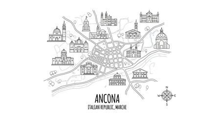 Obraz premium Detailed map showcasing prominent architectural buildings and urban layout of Ancona Italy