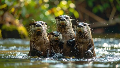 Four playful otters swim together in a lush, vibrant environment, showcasing their sociable nature and playful demeanor amidst the water.
