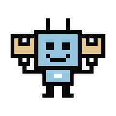 Cartoon cute pixel art of Humanoid robot or ai learning skill robotic chat bot robots business vector character automation background 8 bit decoration.