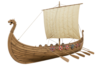 Isolated Viking ship model with oars and shield, sailing equipment, ancient Nordic boat model