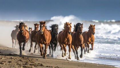 A dynamic group of horses galloping along the beach, splashing through the waves, showcasing their strength and freedom against a dramatic sky.