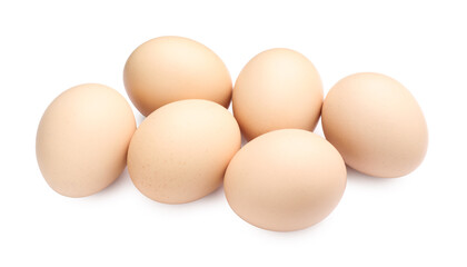 Many raw chicken eggs isolated on white
