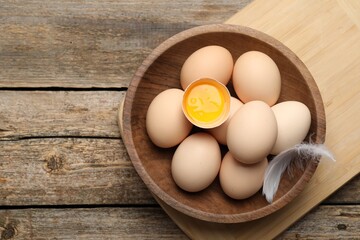 Raw chicken eggs in bowl and feather on wooden table, top view. Space for text
