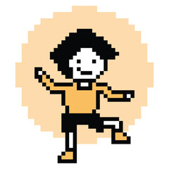 Cute cartoon pixel character cute man exercises training aerobic dance lifestyle music decoration life style 8 bit male boy dance background with music game 8bit fitness vector.